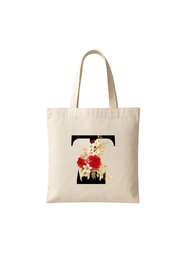 PRINTSHOP4ME Floral Initial Tote Bag A To Z – Cotton Canvas Reusable Tote With Alphabet Print For Grocery, Market And Daily Use - Image 1